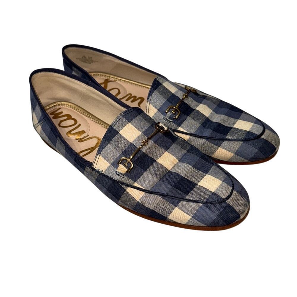 Sam Edelman Loraine Horsebit Loafer Blue White Gingham Print Fabric Size 9.5
